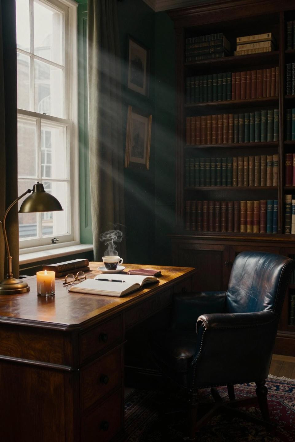 Moody Office Space - low angle of walnut desk with forest green walls