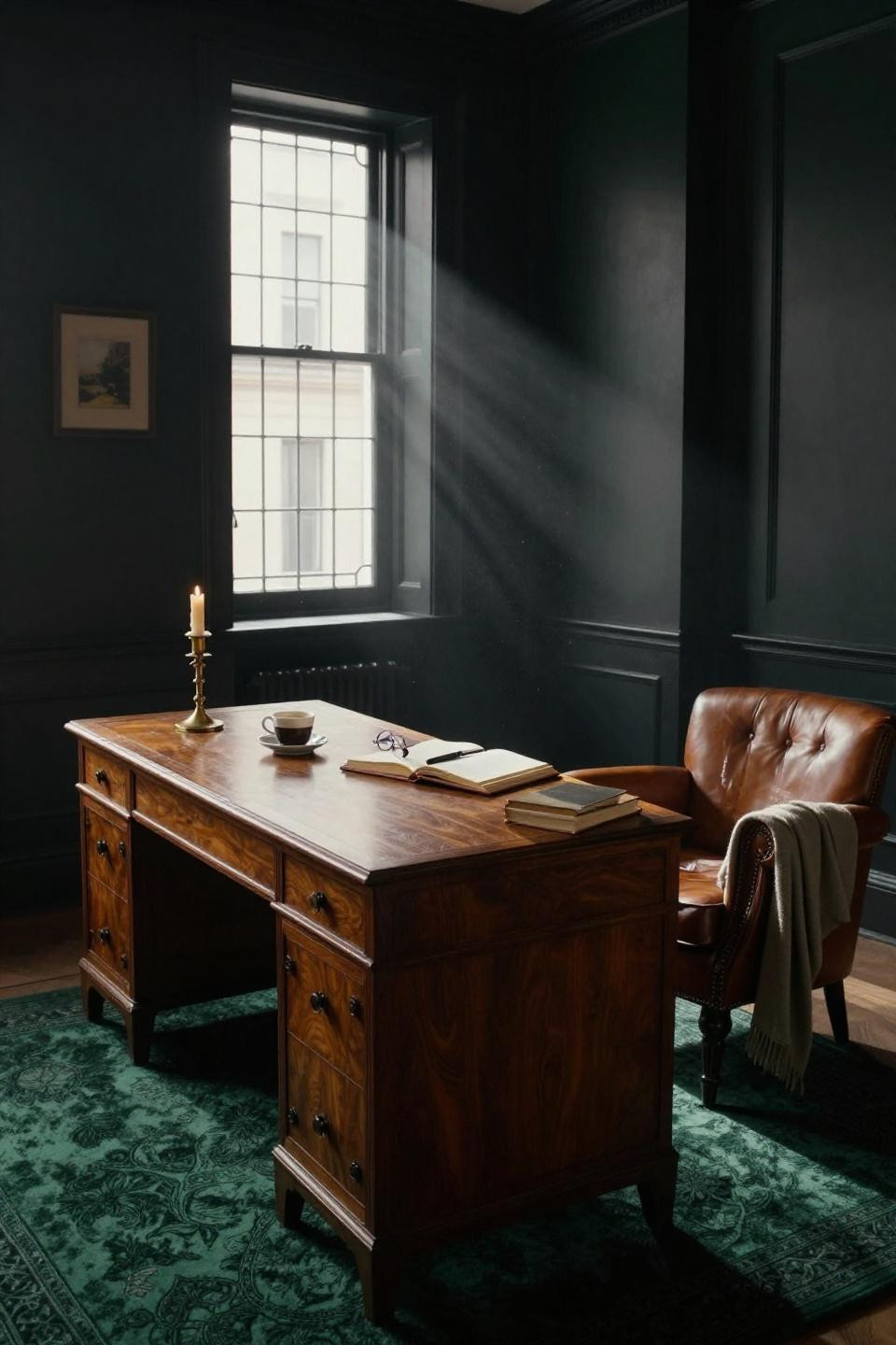 Dark Office Design - Persian rug with walnut desk and forest green walls