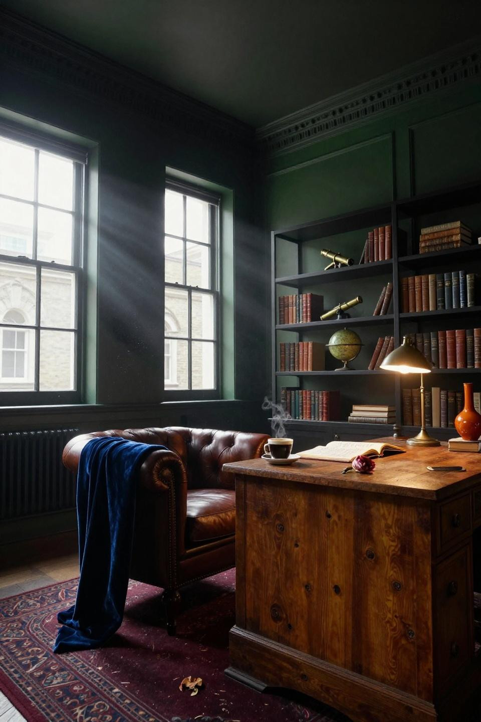 Moody Office Inspiration - corner view of London townhouse study with oak desk