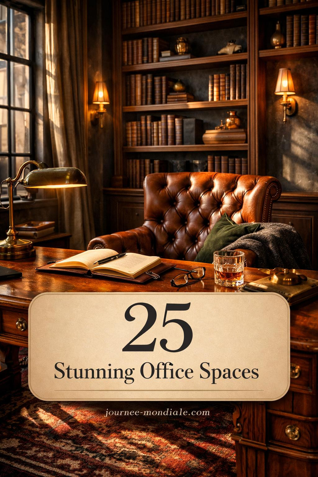 Sophisticated dark charcoal office featuring floor-to-ceiling walnut bookshelves, carved partners desk, cognac Chesterfield chair, burgundy Persian rug, and brass lighting fixtures