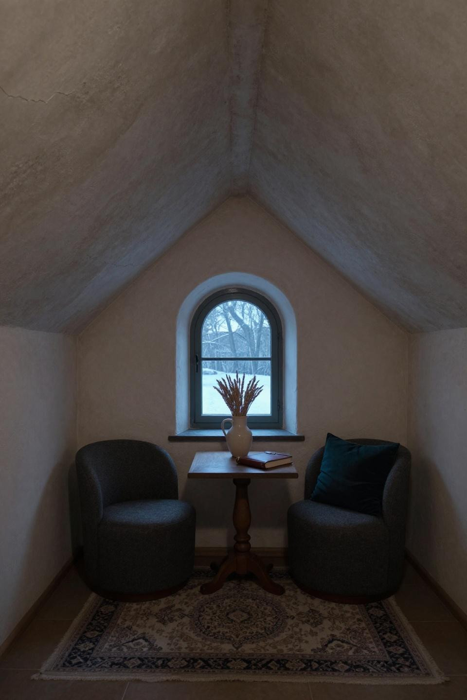 Small Sitting Room Inspiration - charcoal boucle barrel chairs under sloped ceiling