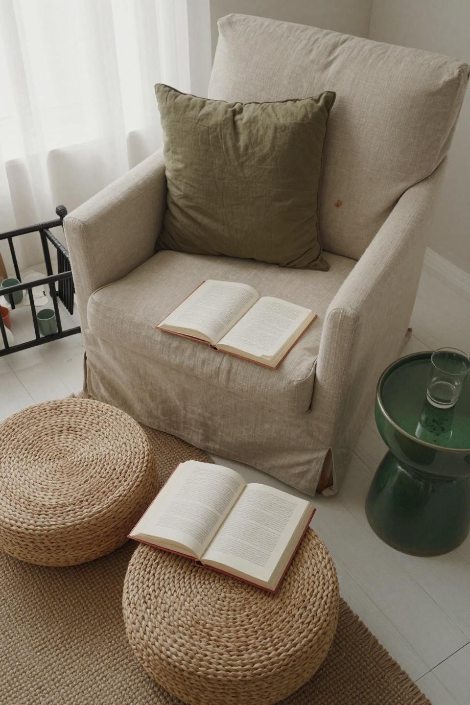 Small Living Room Seating Ideas - sand linen armchair with rush stools
