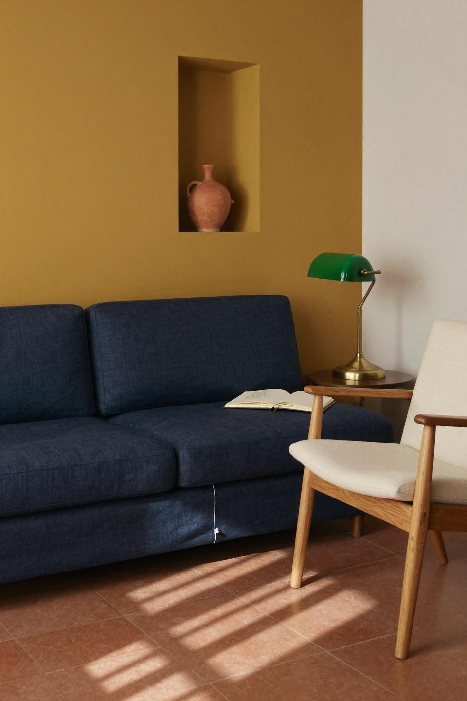 Small Lounge Room Ideas - navy linen settee with mustard accent wall