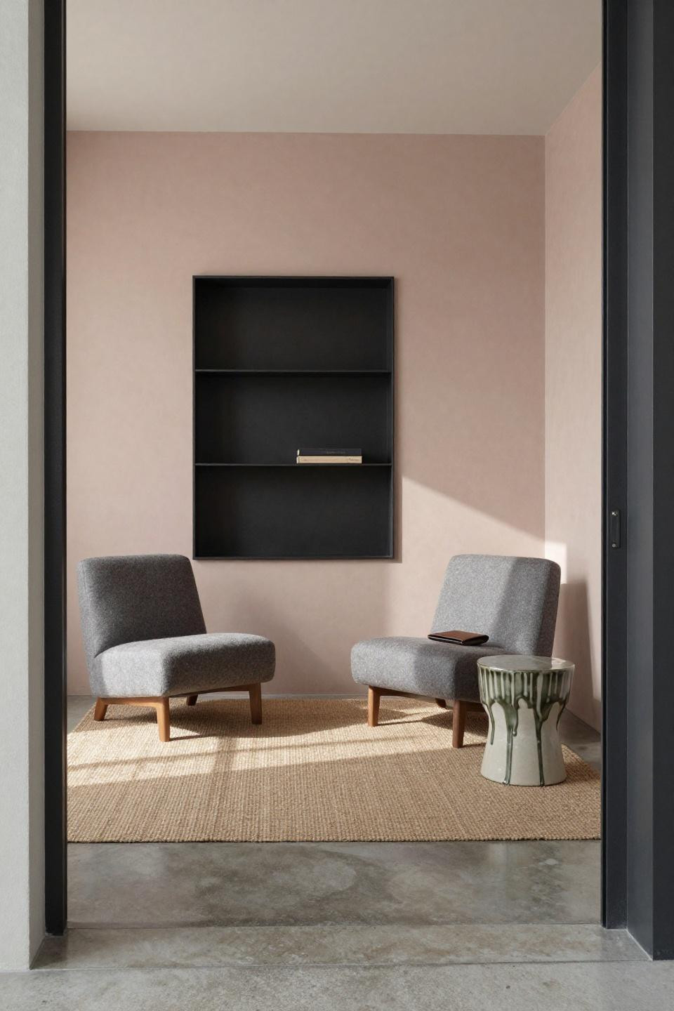 Small Sitting Area Living Room - grey wool chairs with matte black shelving