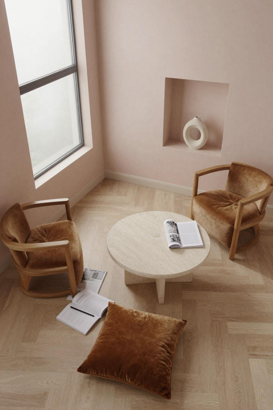 Sitting Area In Living Room Ideas - two teak barrel chairs around travertine table