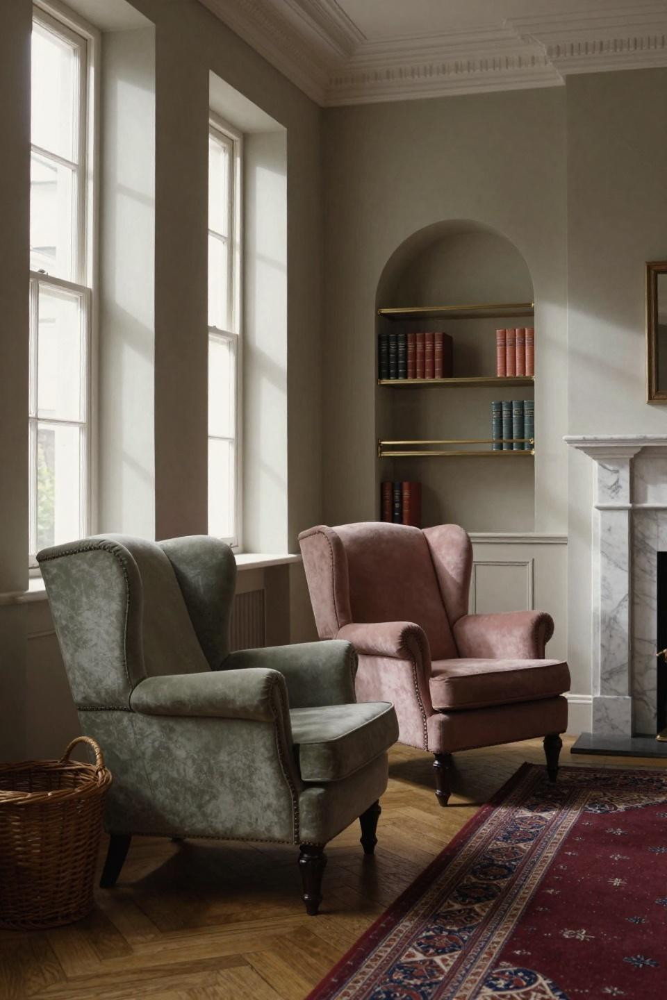 2 Chairs Sitting Area - sage and rose wingback chairs in Victorian terrace