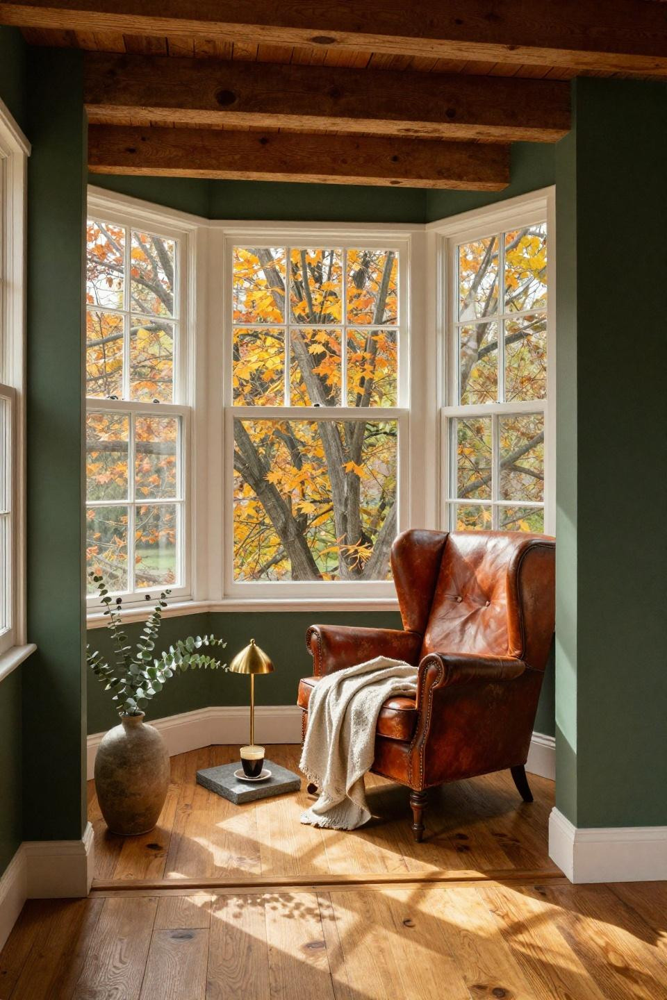 Small sunroom ideas - forest green walls with autumn light