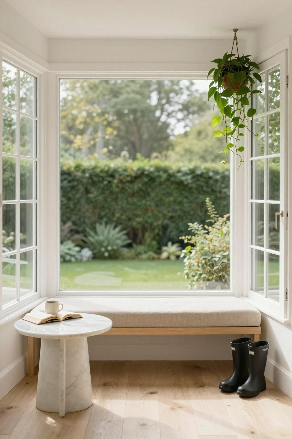 Enclosed sunroom ideas - floor to ceiling windows with integrated bench