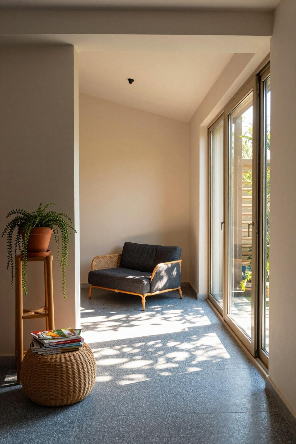 Tiny sunroom - jalousie windows with rattan sectional