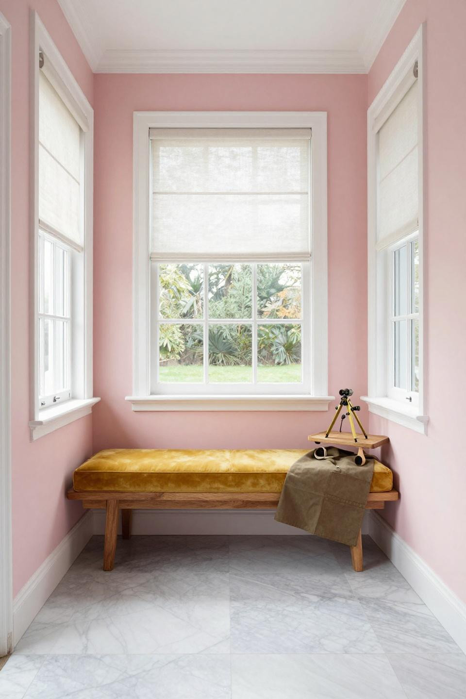 Enclosed sunroom ideas - pink limewash walls with marble floor