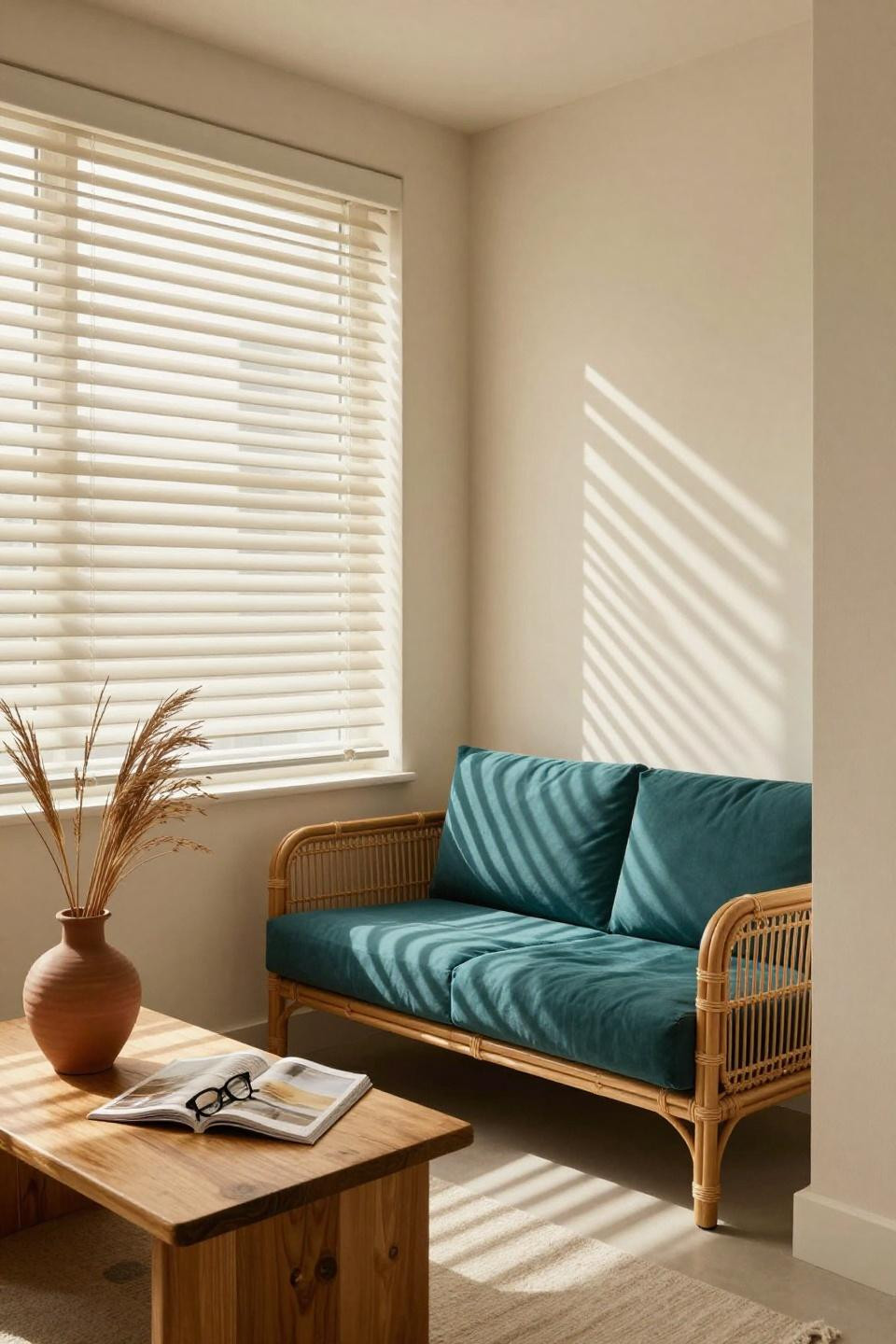 Tiny sunroom - rattan seating with motorized louvered shades