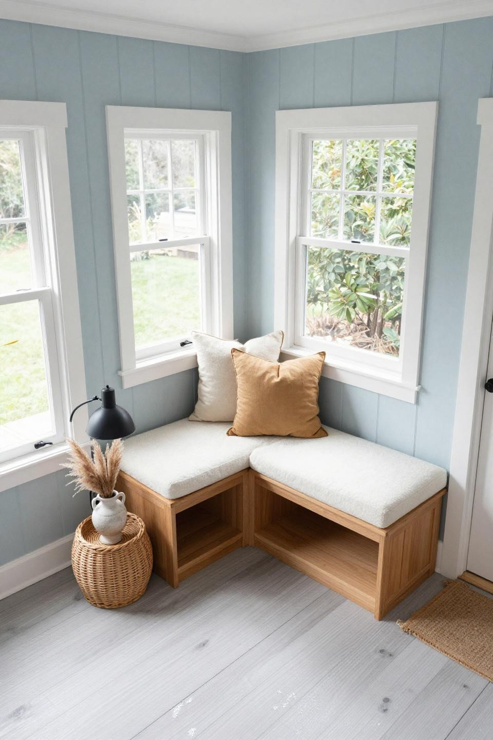 Small sunroom designs - corner window seat with natural light