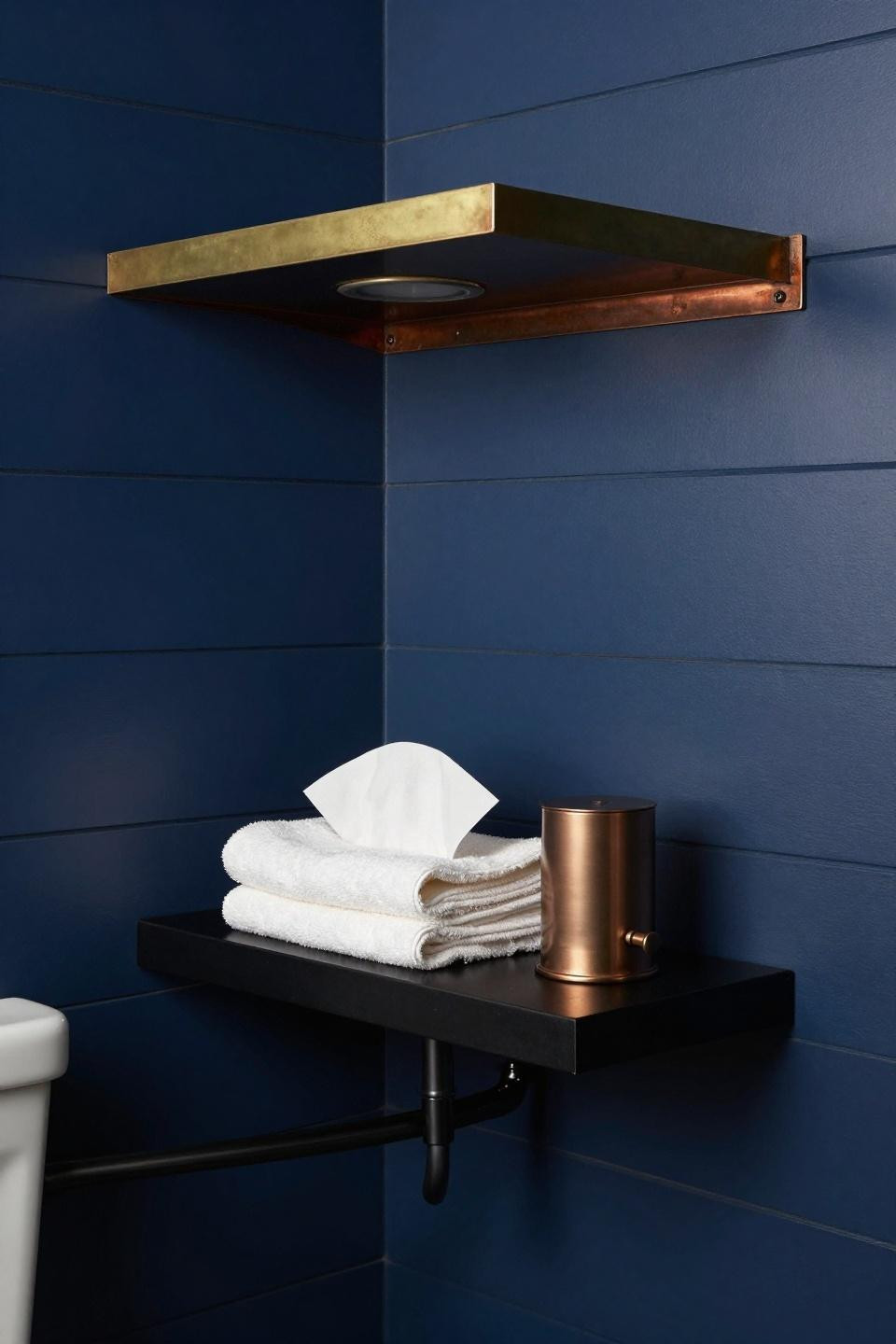 Toilet Room Design - midnight blue shiplap walls