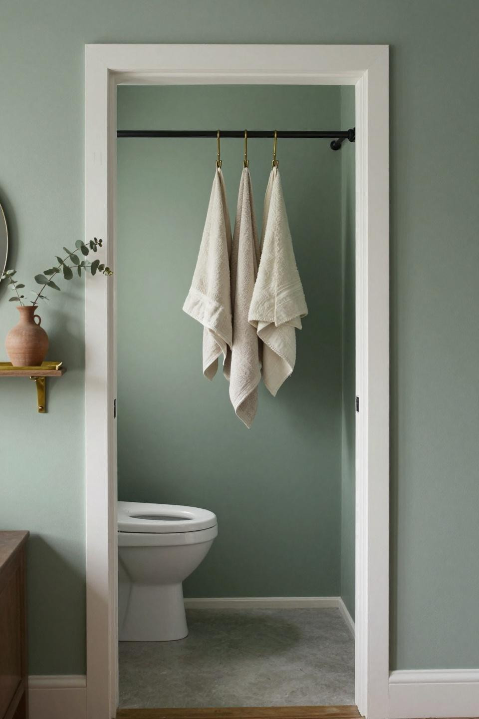 Tiny Bathroom Ideas - sage green with vertical rod shelving