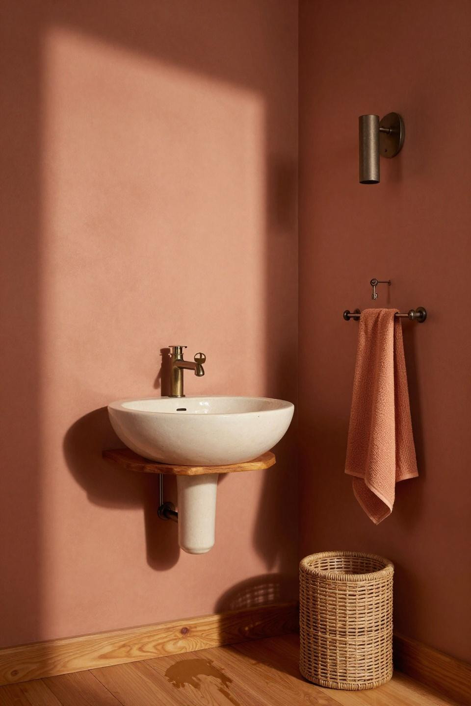 Narrow Toilet Room Ideas - terracotta walls with floating wood shelf