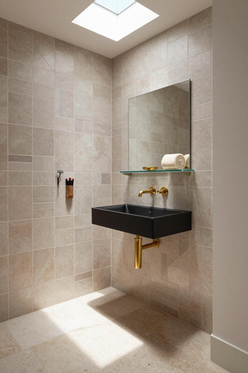 Tiny Bathroom Ideas - terracotta geometric tile accent wall