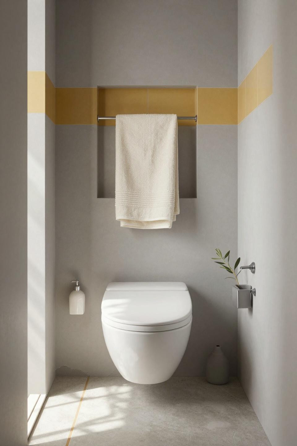 Small Toilet Design Ideas - white oak vanity with mustard accent tile