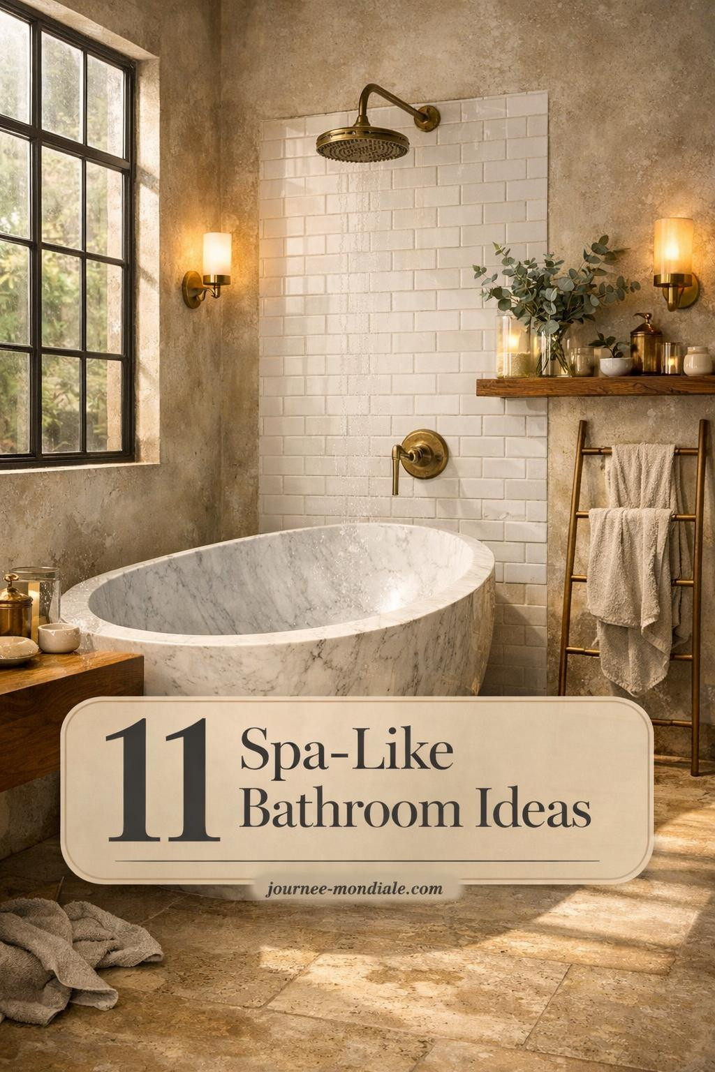 Luxurious spa bathroom featuring freestanding Carrara marble soaking tub, lime-washed greige walls, travertine floors, aged brass fixtures, and floating walnut vanity with natural morning light