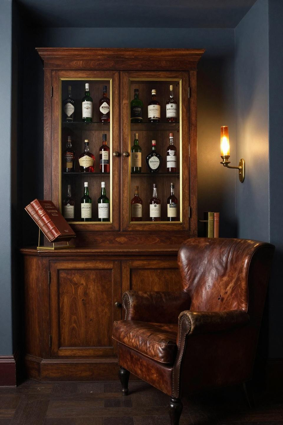 Modern Speakeasy - walnut apothecary cabinet with brass-trimmed glass doors