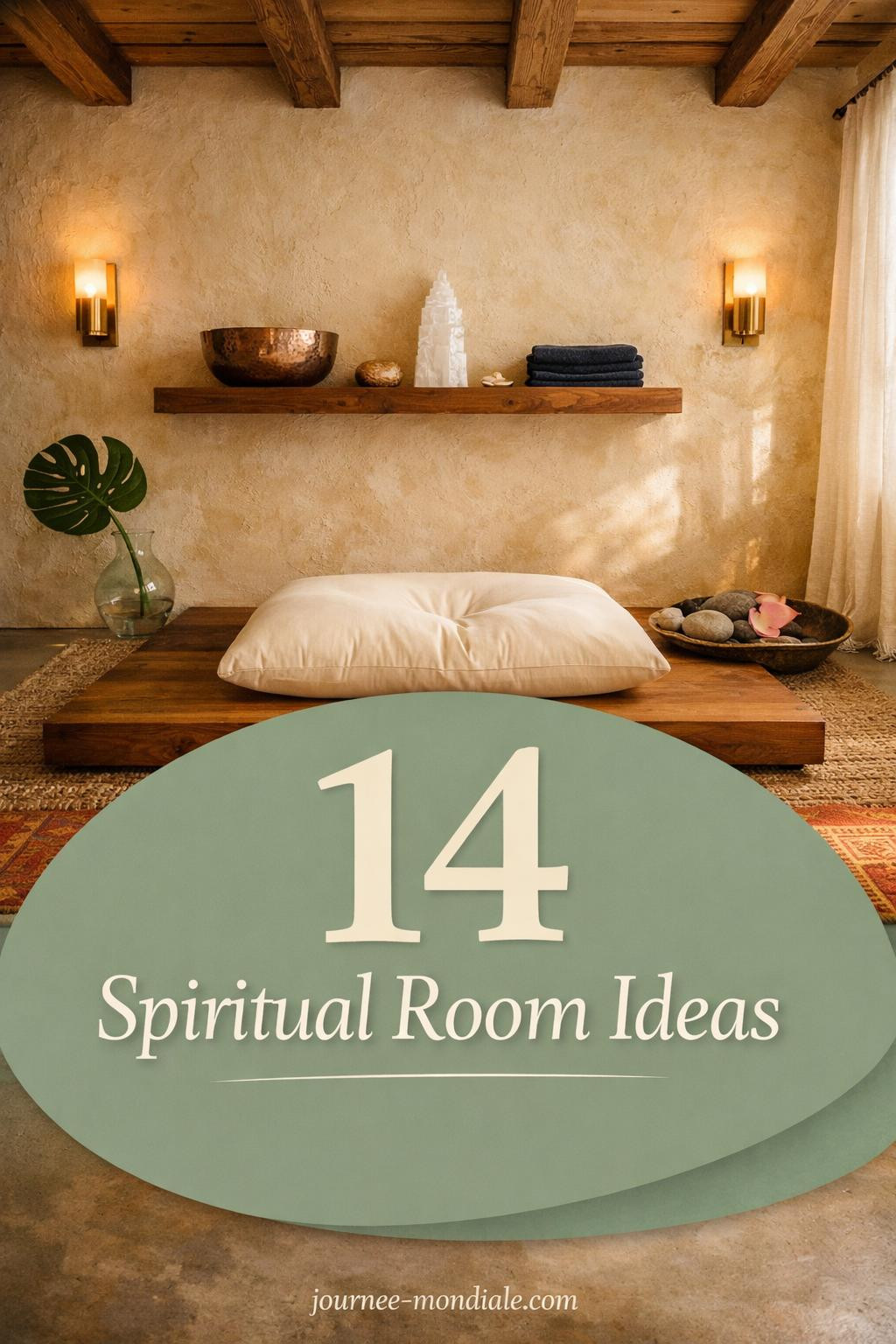 Warm meditation sanctuary featuring hand-carved teak platform, ivory silk cushion, copper singing bowl on walnut shelf, jute mat, and soft linen curtains with morning light