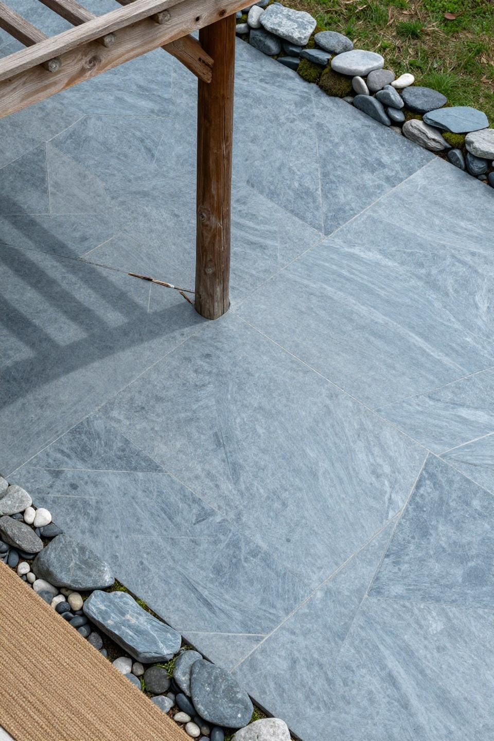 Blue-grey stamped concrete patio random ashlar pattern