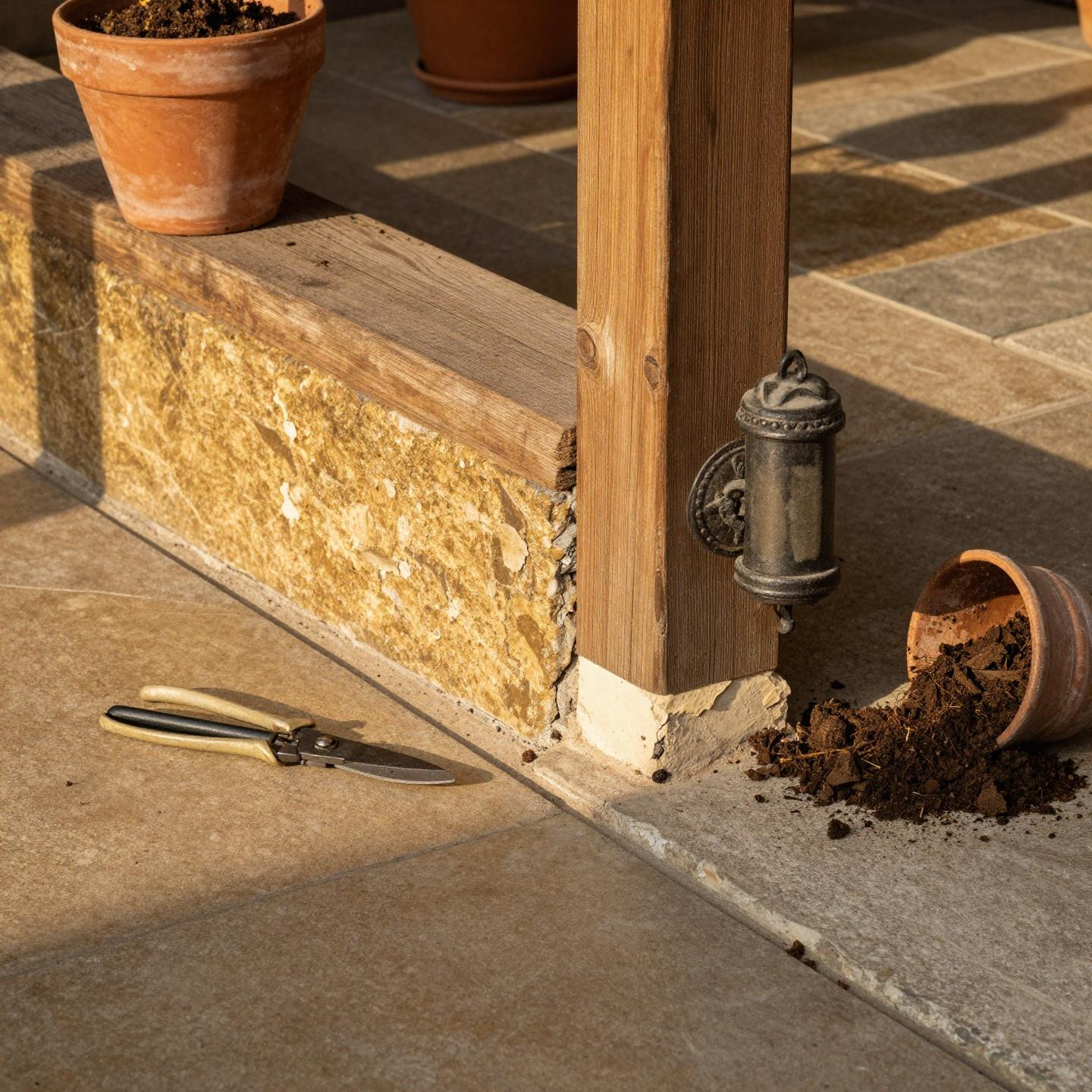 Close-up honey-gold stamped concrete patio flagstone texture