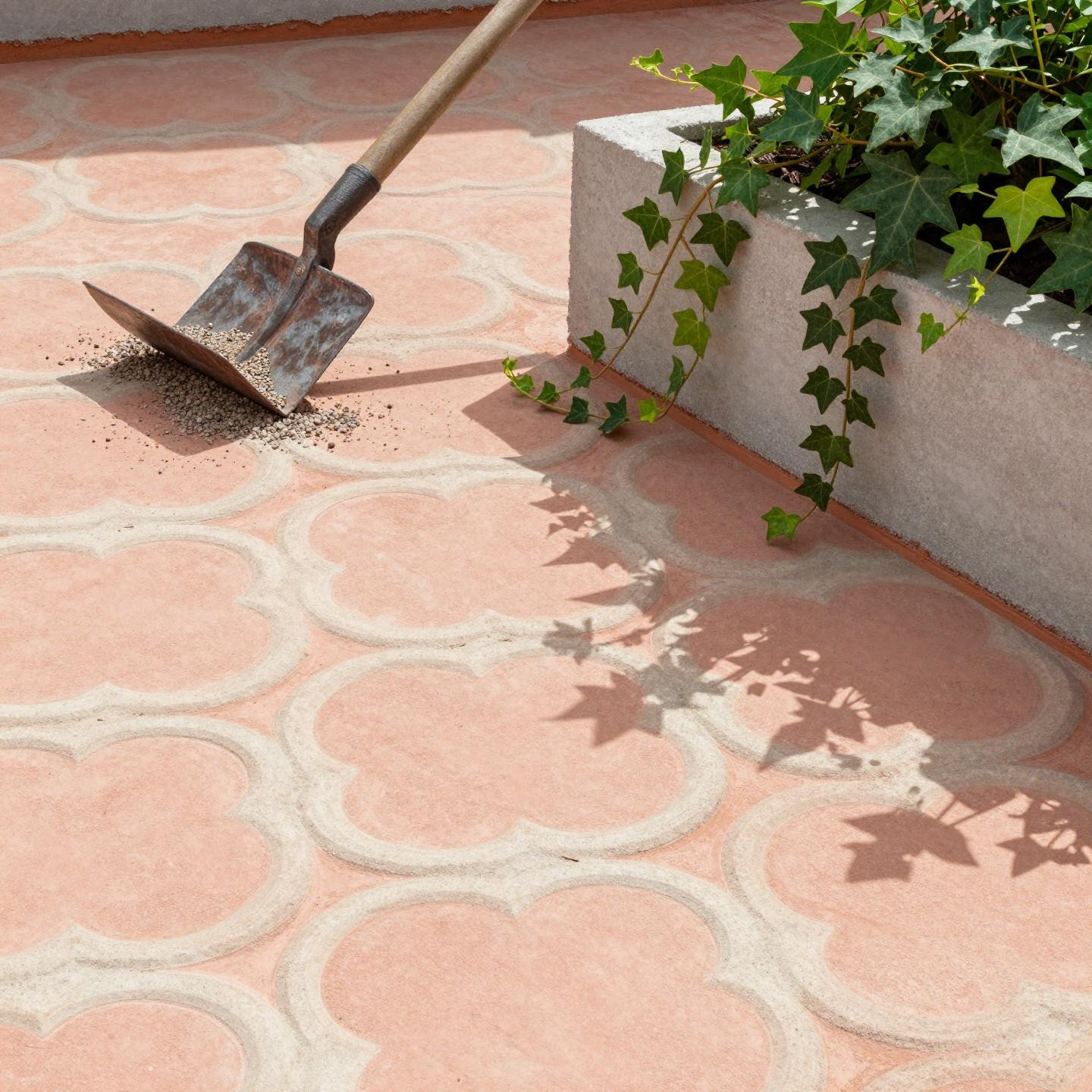 Stamped concrete quatrefoil patio pattern in peachy-pink