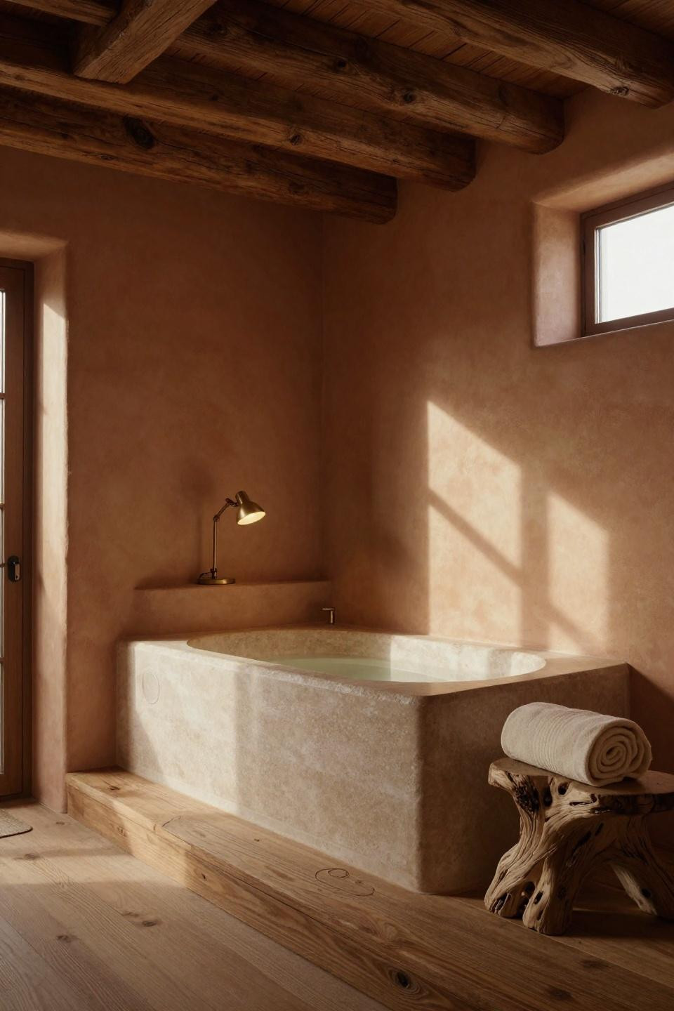 Japandi bathroom - sunken limestone soaking tub with timber beams
