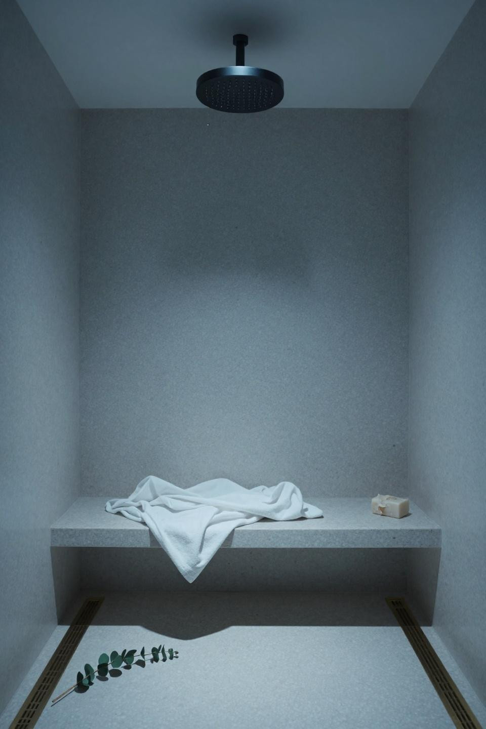 Modern Bathroom Ideas - sunken terrazzo bath with stone ledge seating