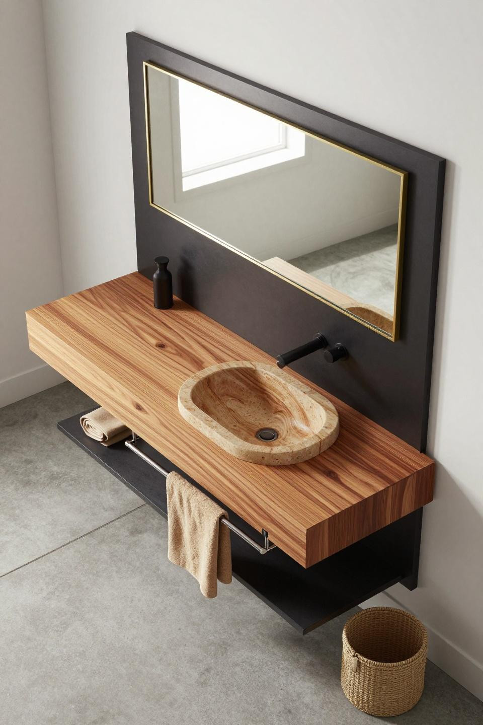 Master Bath Remodel - teak floating vanity with travertine countertop