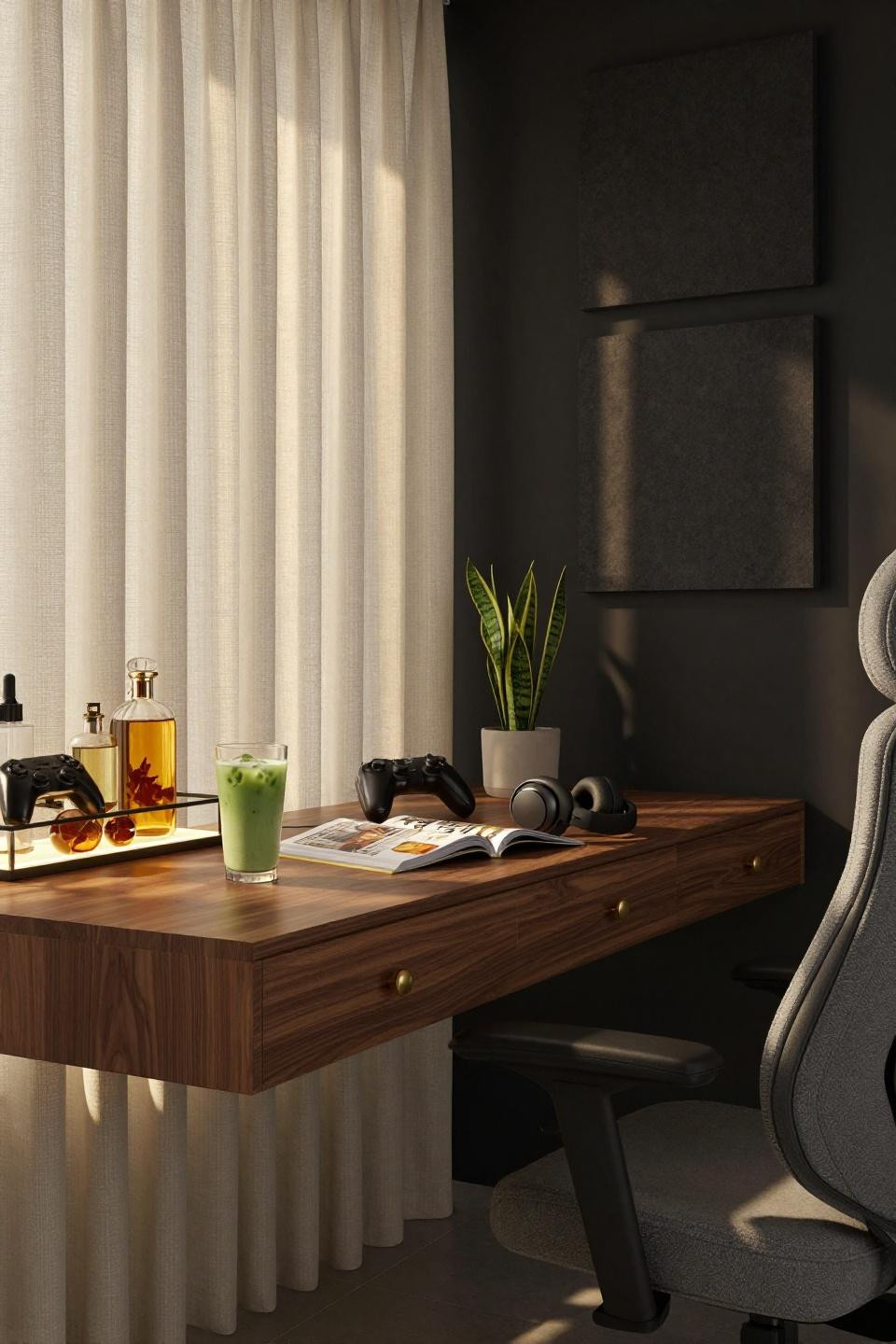 Teen Loft Hangout - cream linen gaming alcove with brass details