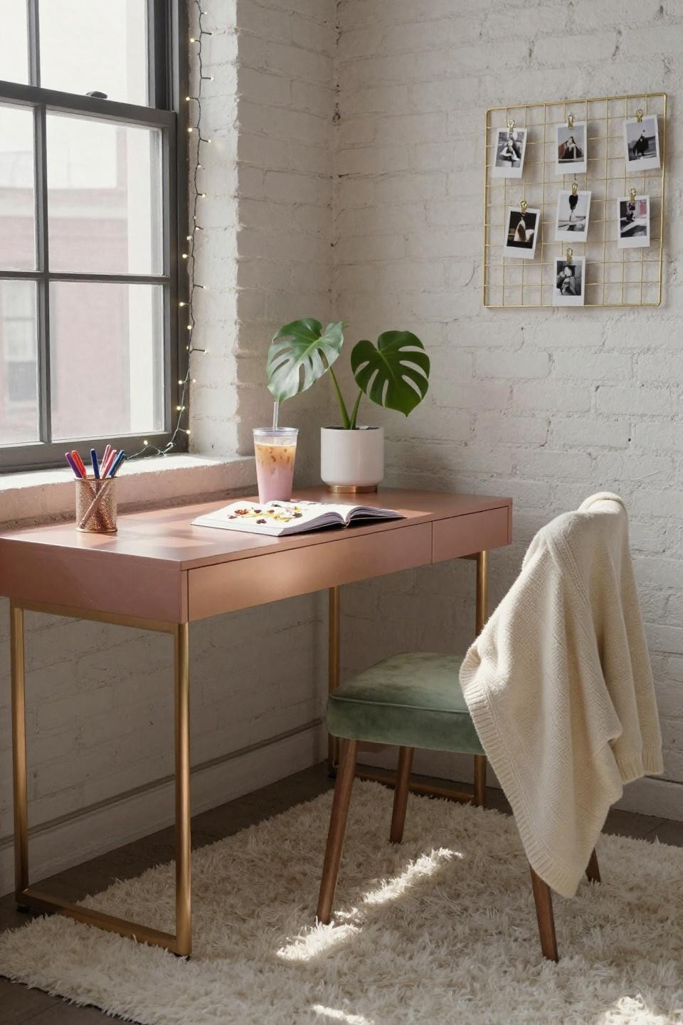 Teen Room Decor Ideas - exposed brick with rose gold desk