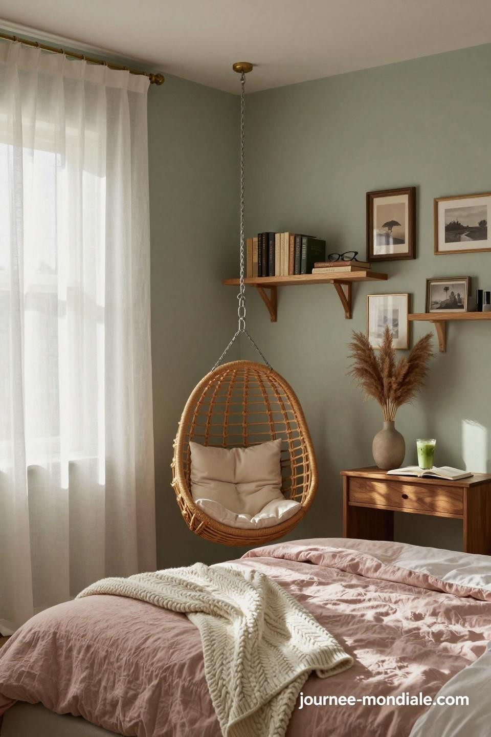 Aesthetic Bedroom Ideas - sage green walls with blush bedding