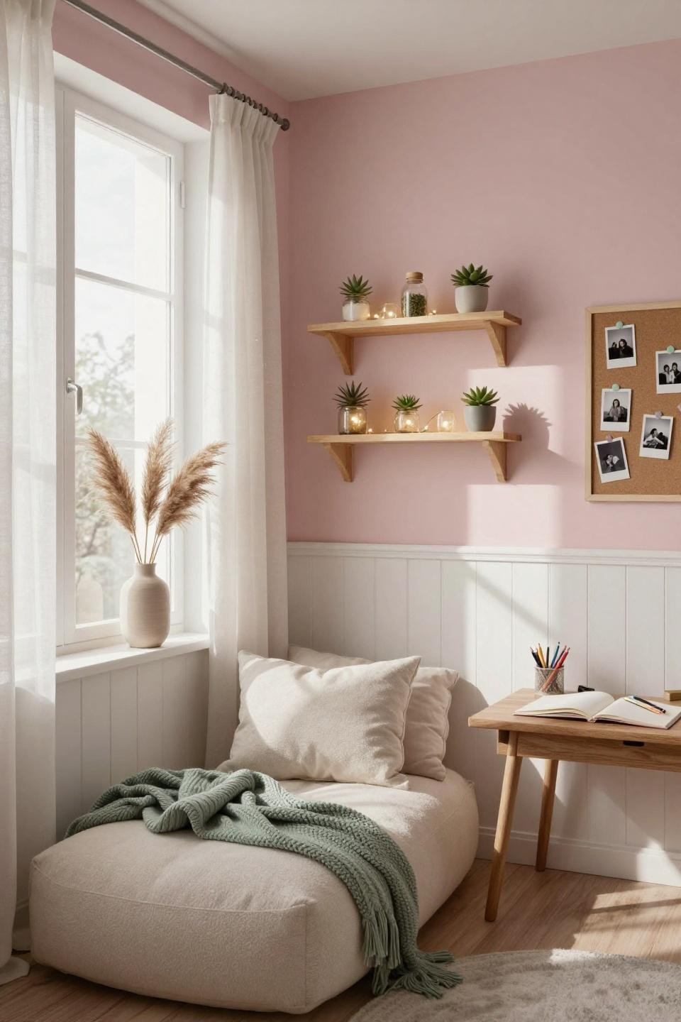 Aesthetic Room Ideas - white paneling with blush accents