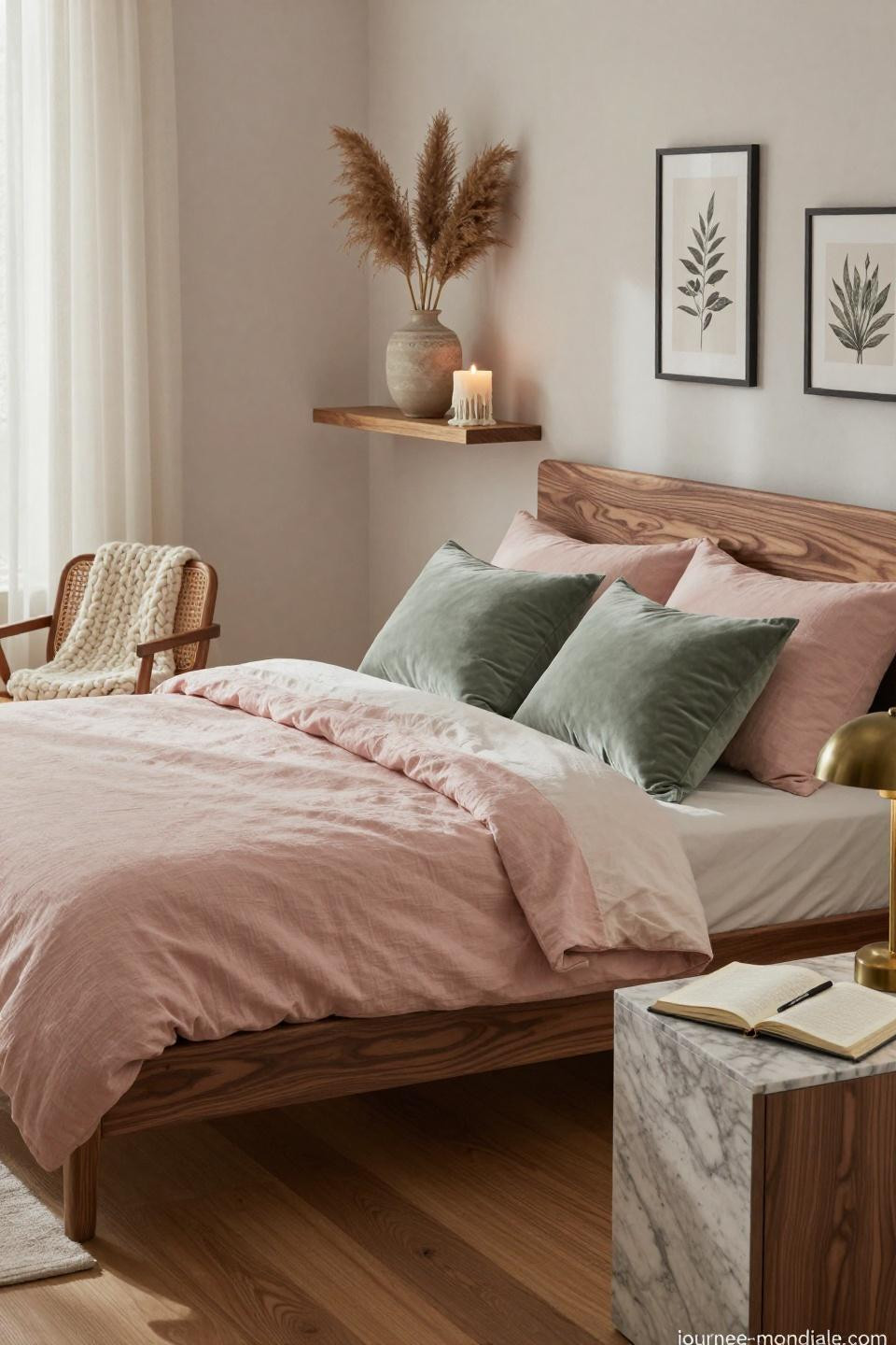 Cute Room Ideas - walnut platform bed with natural textures