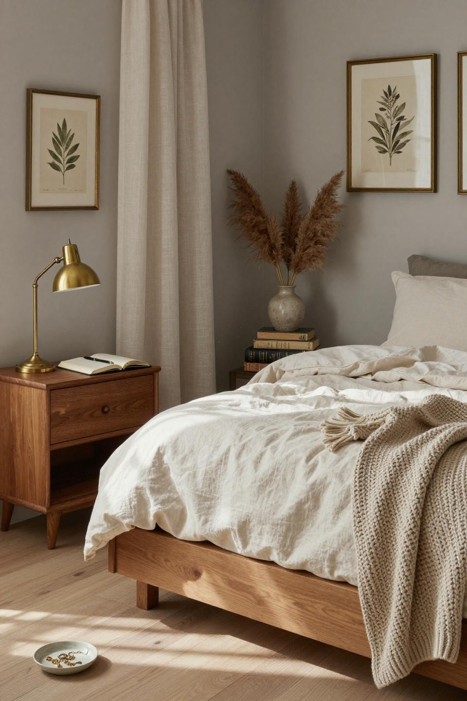 Teen Bedroom Designs - vintage brass lamp with botanical prints