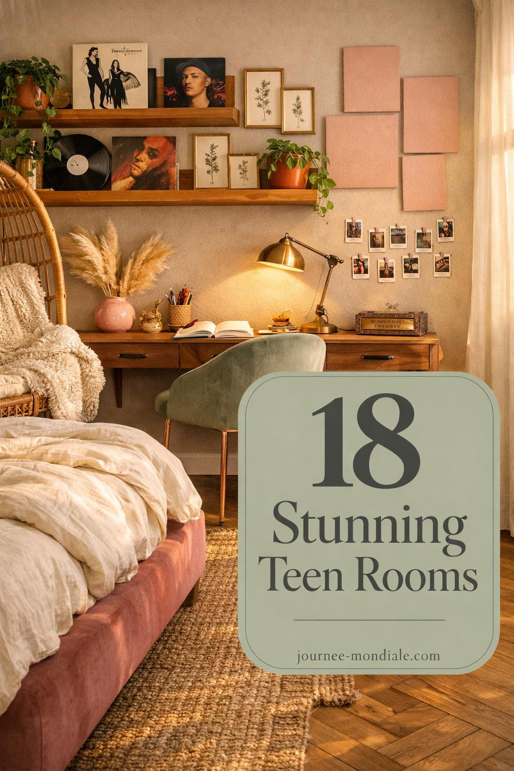 Sophisticated teen bedroom featuring dusty rose velvet bed, sage green desk chair, honey oak shelves with vinyl records, rattan hanging chair, and warm brass accents