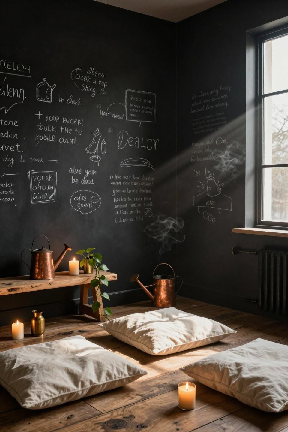 Teen Hangout Space - matte black chalkboard lounge with brass candlelight