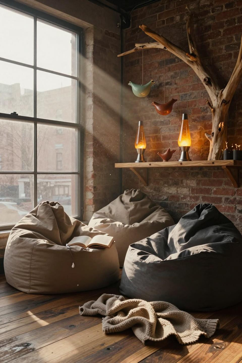 Cozy Hangout Room - driftwood sculpture with amber lava lamps