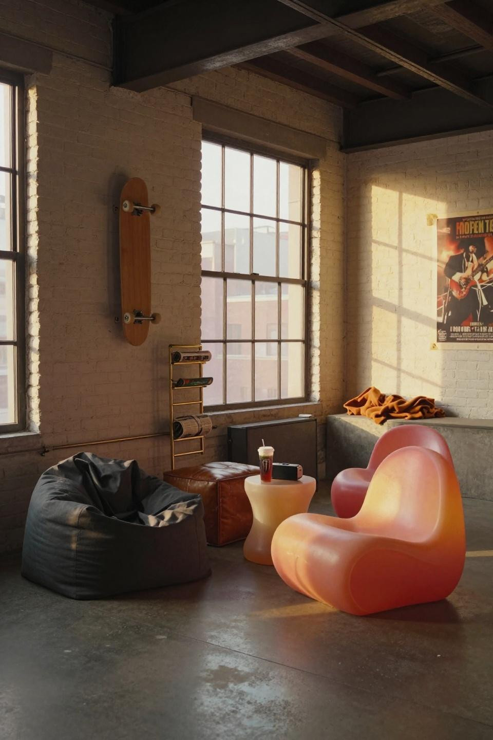 Basement Kids Hangout - skateboard lounge with cast resin furniture