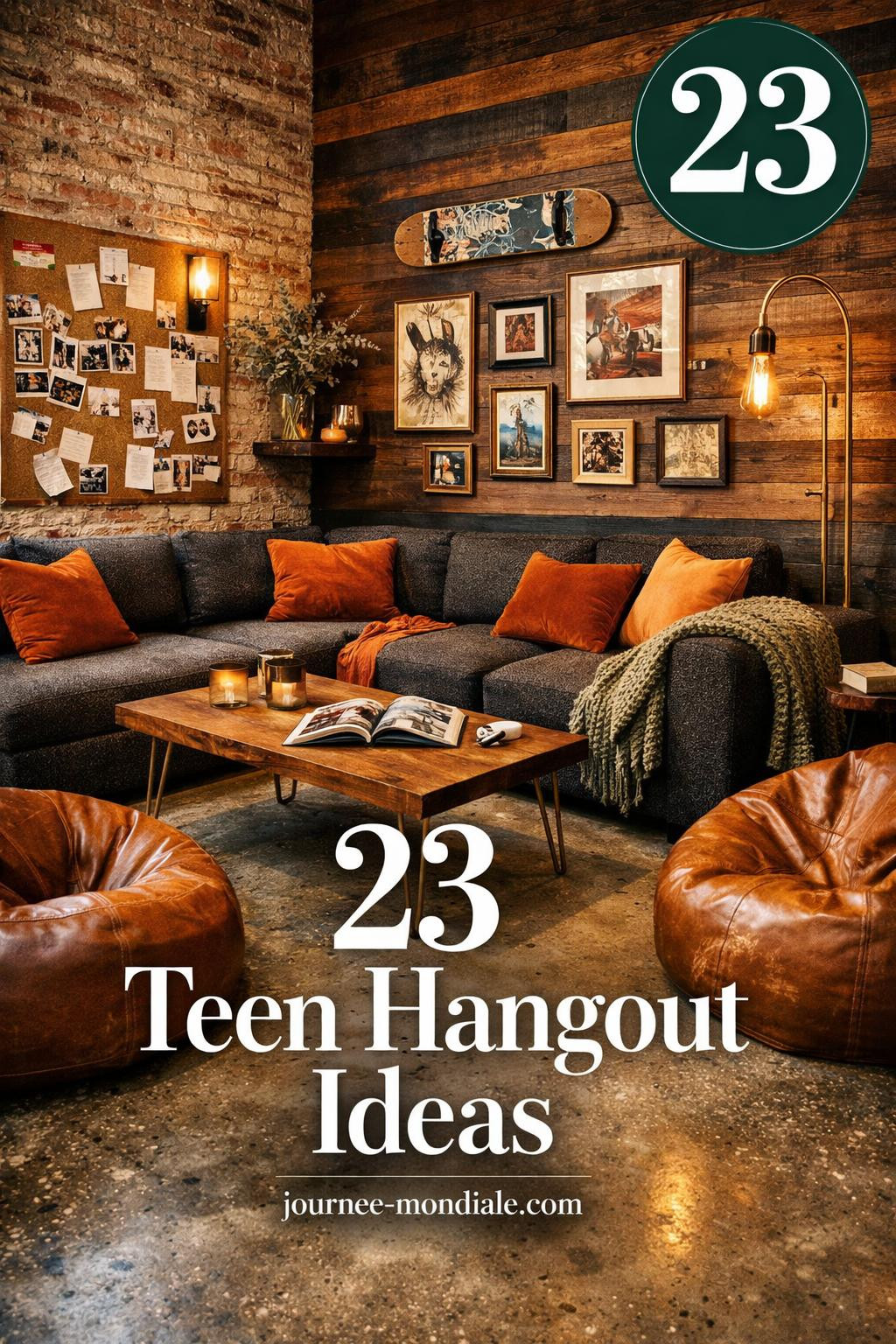 Teen lounge with exposed brick walls, charcoal bouclé sectional, burnt orange cushions, cognac leather bean bags, brass lighting