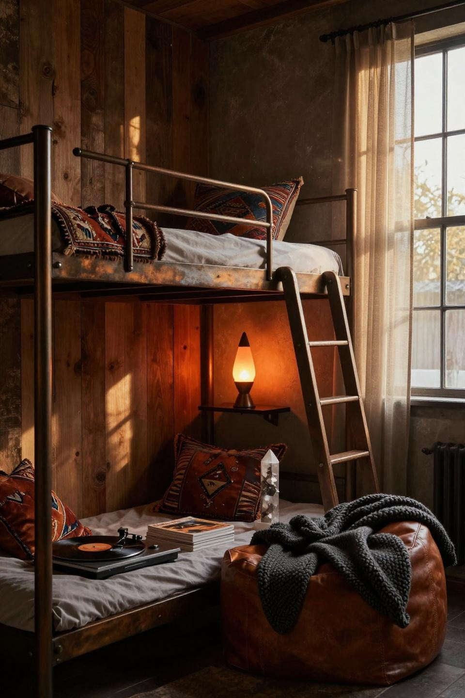 Boys Hangout Room - industrial bronze bunk bed with lava lamp glow