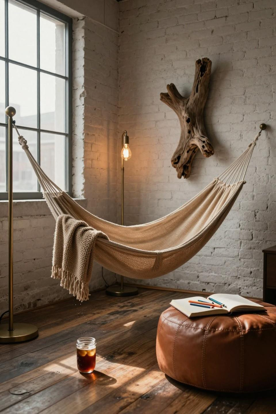 Hangout Room Ideas Woman Cave - woven burlap hammock with brass floor lamp