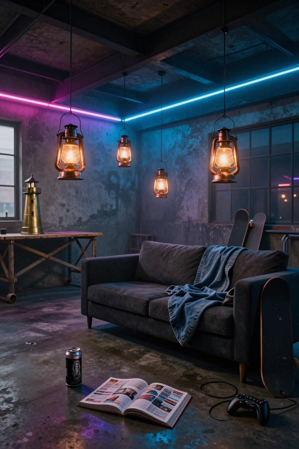 Kids Hangout Room Ideas - cyberpunk loft with oxidized copper lanterns