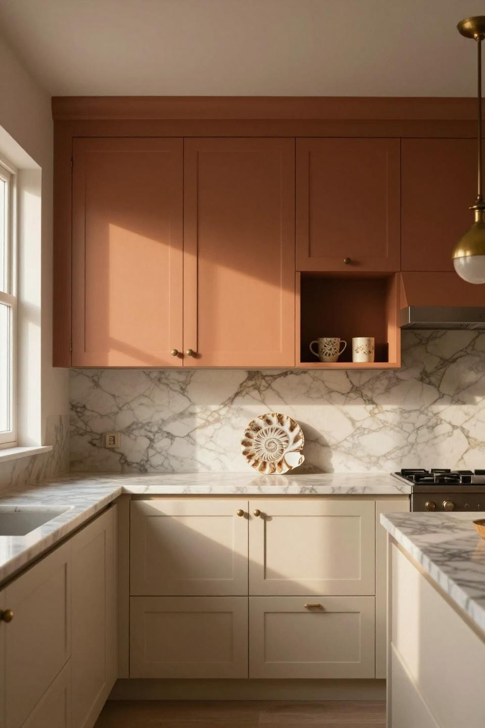 terracotta and ivory kitchen cabinet color combination