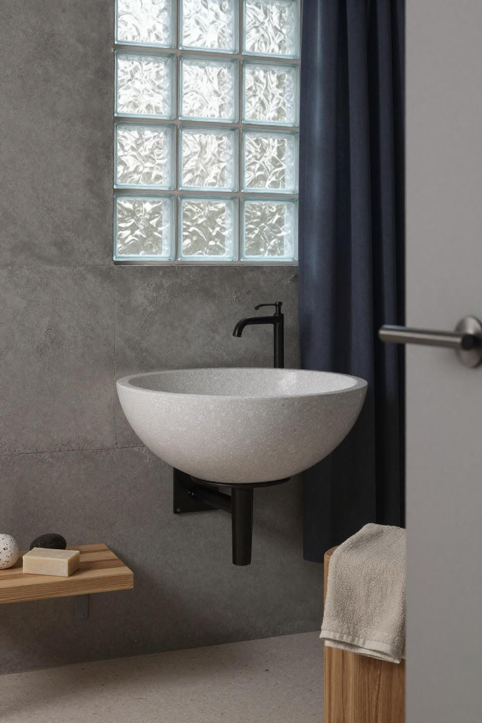 Minimalist bathroom - white terrazzo vessel sink on steel bracket