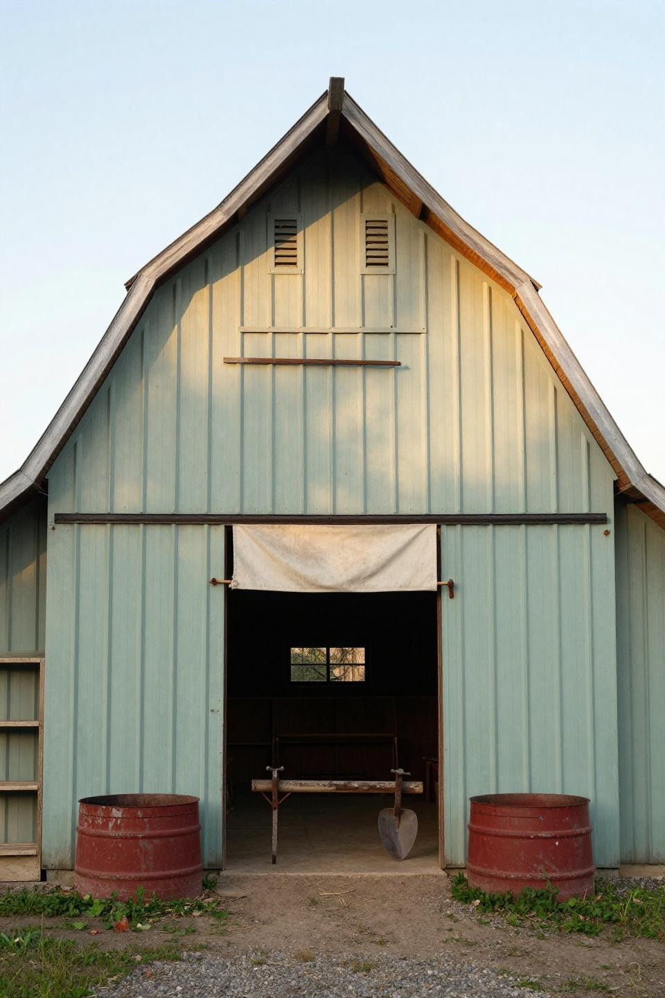 Small barn ideas - sage green metal siding on timber frame barn