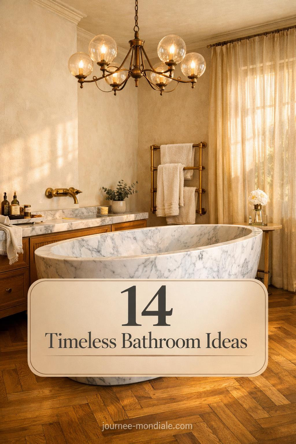 Elegant traditional bathroom featuring warm beige walls, classic white fixtures, marble countertops, and soft ambient lighting