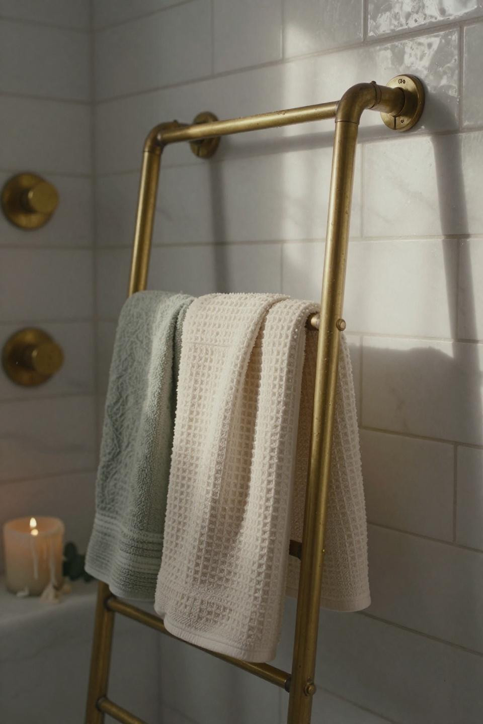 Bath Towels Display Hanging - layered towel styling on brass