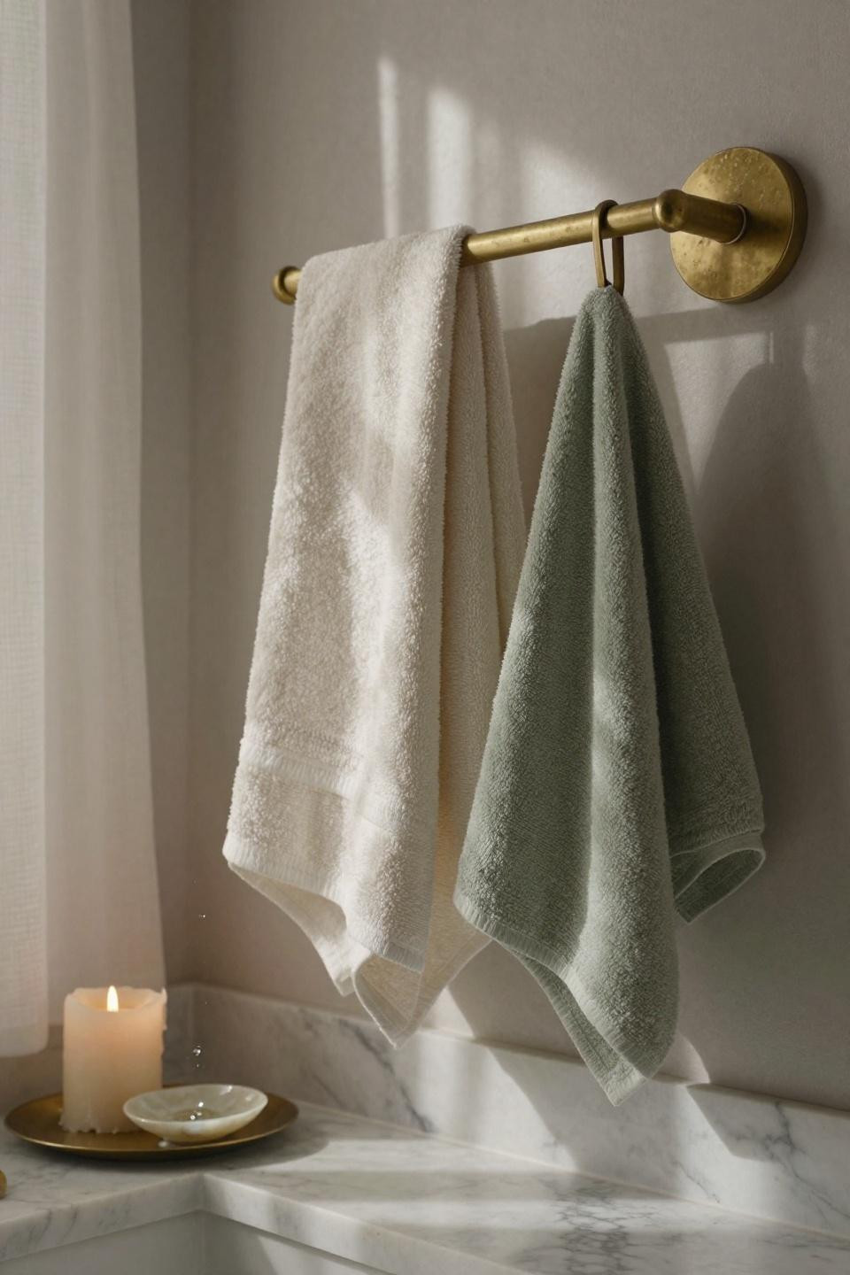 Bath Towel Holder - brass holder with marble shelf detail